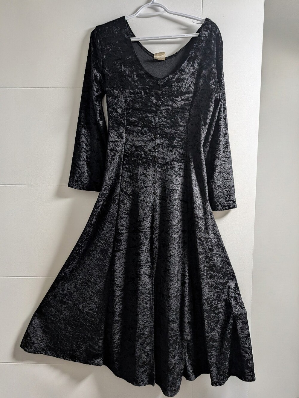 Vintage Black Velvet Dress, Flare Skirt, Button Down, Made In Canada